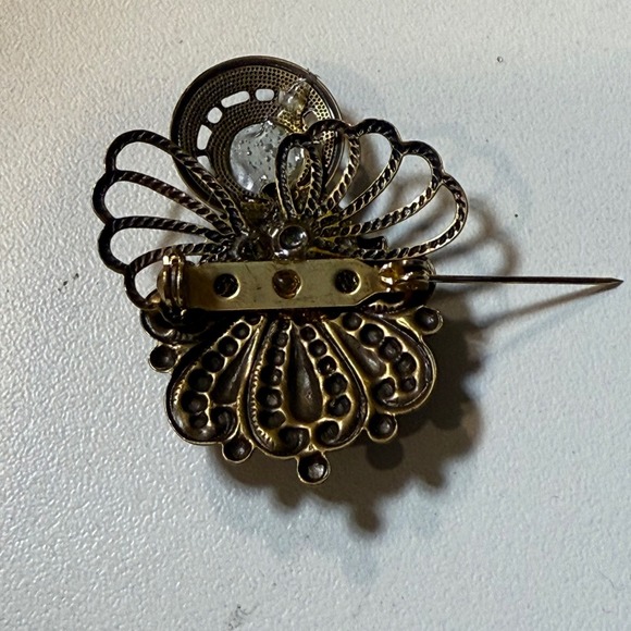 Vintage Gold Tone Brooch with Rhinestone Center & US Seal Button - Picture 3 of 3